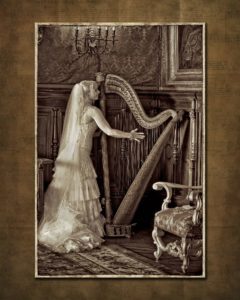 Bride with harp taken at Belcourt Castle in Newport RI Wedding